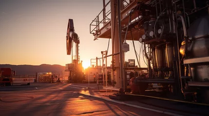 Foto op Canvas A Oil drilling machine in the desert, Industry, energy industry, gas station at sunset. © Phoophinyo