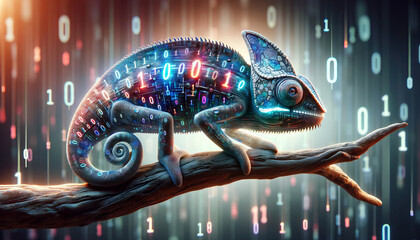 A digital chameleon changing colors through binary patterns. - obrazy, fototapety, plakaty