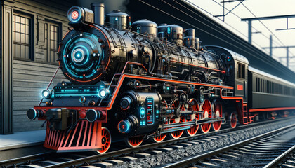 A vintage steam locomotive with digital readouts and AI controls. - obrazy, fototapety, plakaty