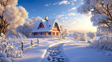 雪が積もった1軒の家の3Dイラスト風景 - obrazy, fototapety, plakaty