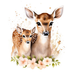 Cute mom and baby deer with flower Illustration, Generative Ai