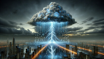 A binary code storm cloud with lightning bolts as fiber optic cables. - obrazy, fototapety, plakaty