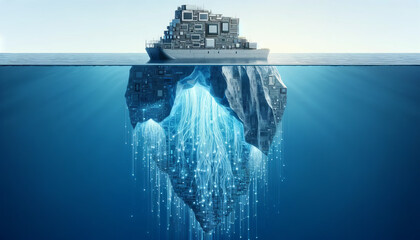 A digital iceberg with the visible tip as hardware and the submerged part as software. - obrazy, fototapety, plakaty