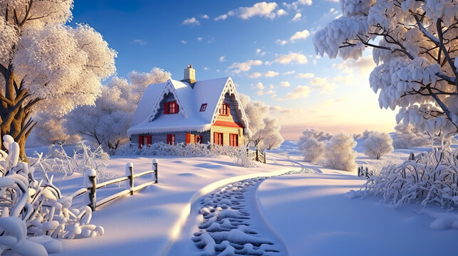 雪が積もった1軒の家の3Dイラスト風景