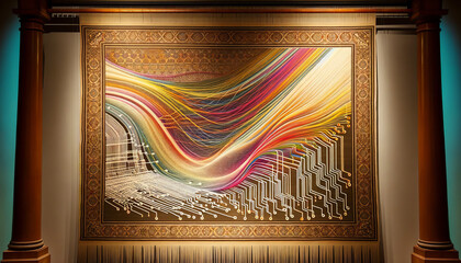 A tapestry with threads that transform into digital wires. 