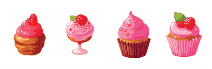 Set of colorful sweet cupcakes with decorations - berries, sprinkles, wafer, candies.