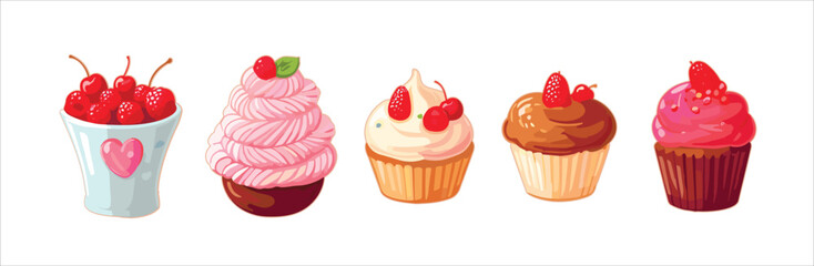 Realistic cupcakes. 3d pastry dessert, cupcake muffin with whipped cream, honey flavors homemade pastries in cup plate, cake for birthday holiday exact vector illustration of pastry dessert cake