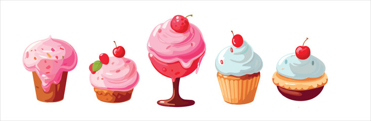 Sweets 3d vector realistic objects. Cupcakes, cake, donuts, candy. Food icons. Set of five Cupcakes. Vector illustration. 