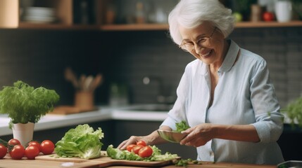 Elderly senior pensioner female standing in domestic kitchen preparing food for dinner or breakfast meal, retired woman cooking, Hispanic grandmother happy cutting tomatoes fresh vegetables on board
