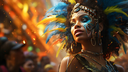 Carnival in Rio de Janeiro. A Brazilian woman, a beautiful dancer in a carnival costume with a bright festive makeup. - obrazy, fototapety, plakaty