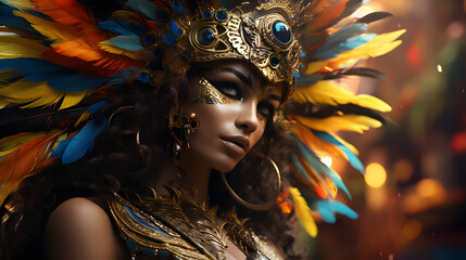 Carnival in Rio de Janeiro. A Brazilian woman, a beautiful dancer in a carnival costume with a bright festive makeup.
