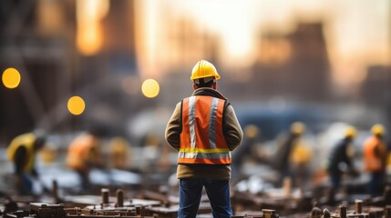 Miniature worker figurine in hard hat at detailed construction site. Focus on toy model amid industrial scene.