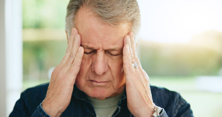 Stress, headache or old man in home with burnout, worry or fatigue in retirement frustrated by...