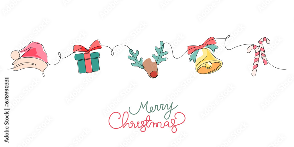 Wall mural merry christmas thin line continuous greeting flat design