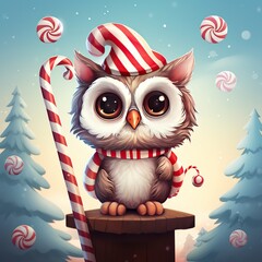 Fototapeta premium Cute Owl on Candy Cane Illustration