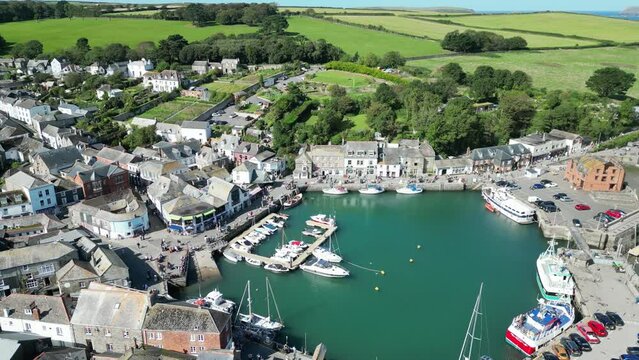 Pull back drone aerial reverse reveal Padstow Cornwall UK