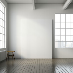 Big Blank White Canvas Mockup Minimalist White Room with Large windows