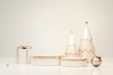 3D rendering white and gold product display stands, with Christmas tree models, gift box and bauble on beige background. Luxury Christmas sale presentation scene.
