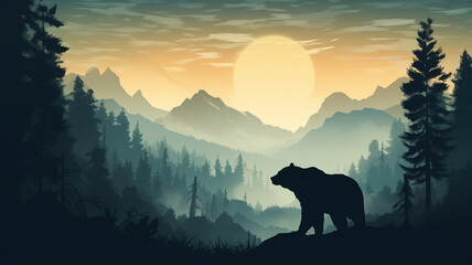 Silhouette of bear climb up hill. Tree in front, muntains and forest in background - obrazy, fototapety, plakaty