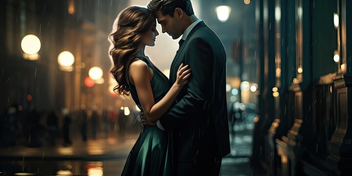 a couple embracing in a city street, in the style of dark emerald and silver, generative AI