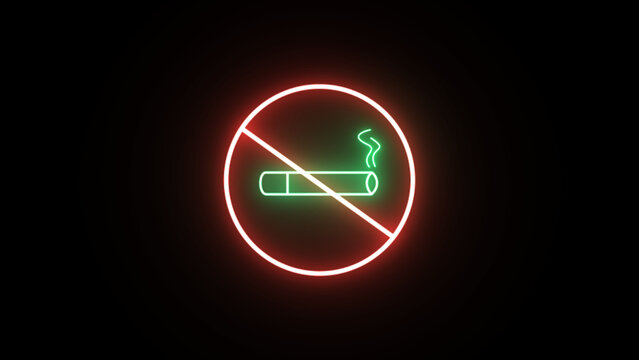 No smoking. Neon sign with prohibition of smoking. Circle with fuming cigarette with smoke. No smoking neon sign in black background.