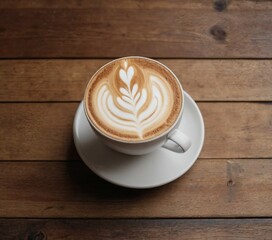 Overhead View of a Freshly Brewed Coffee, Cappuccino with Artistic Foam Design in a Classic White Ceramic Cup on a Rustic Wooden Table
