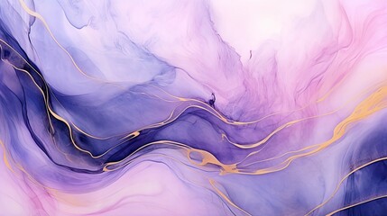 Violet Lavender Watercolor Marble with Golden Lines Background.