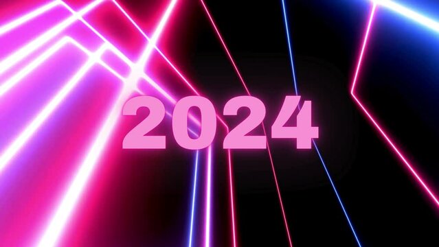 Dusty pink color effect and fire animation Neon Light Happy New Year 2024 Text Reveal With Floor Reflection Amid The Falling Snow On Dark Background