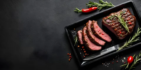 Poster Grilled beef steak with rosemary and pepper on stone plate on black background. © Smile Studio AP