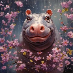 Happy Hippo Surrounded by Holiday Blossoms