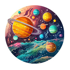 Round Planet Sticker Illustration Design Isolated on Transparent or White Background, PNG