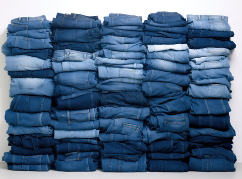 A stack of folded blue denim jeans isolated on white