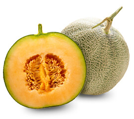 Cantaloupe melon cut in half on white background. Sweet Orange Melon isolate on white with clipping path.