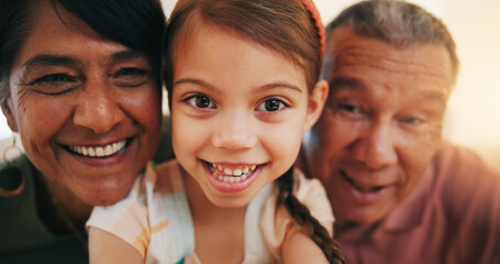 Selfie, grandparent and child with smile for bond, love or care in home with lens flare. Happy man,...