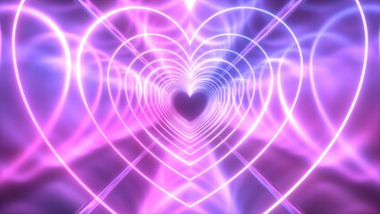 Endless Futuristic UV Light Neon Glow Heart Shape Reflection Tunnel - Abstract Background Texture