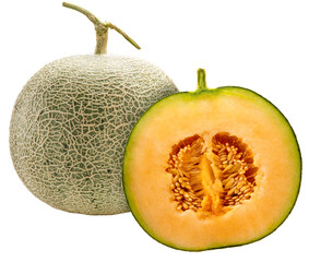 Cantaloupe melon cut in half on white background. Sweet Orange Melon isolate on white PNG File.