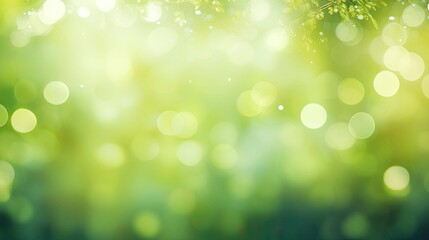 Spring-Themed Abstract Banner with Green Blurred Bokeh Lights.