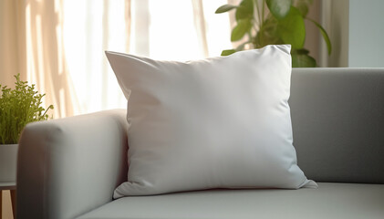 Mock-up pillow case. Blank template closeup white pillow canvas background. Mockup copy space pillowcase in room on sofa. Stylish interior. Flat lay square clean decorative pillow. Banner