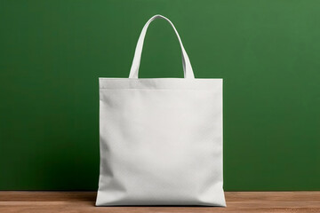 Mockup shopper tote bag handbag on isolated green wall background. Copy space shopping eco reusable bag. Grocery accessories. Template blank cotton material canvas cloth. Tote bag mockup. - obrazy, fototapety, plakaty