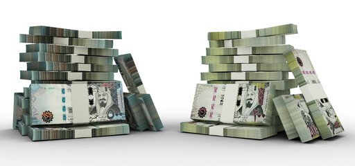 3d rendering of Stacks of 500 and 200 Saudi Riyal notes. bundles of Saudi currency notes isolated on transparent background