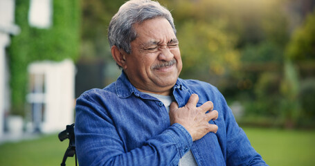 Elderly man, heart attack and emergency in wheelchair in garden, retirement and cardiac arrest in...