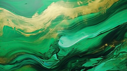 Green and Gold Fluid Art Luxury Wallpaper with Watercolor and Marble Texture.