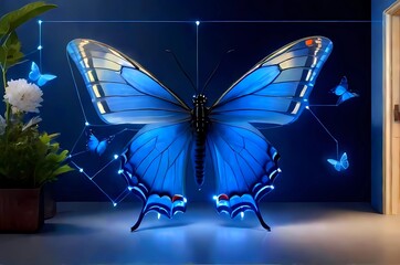 未来型モルフォ蝶オブジェ彫像のある室内風景