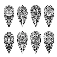 Set of tattoo sketch maori style for leg or shoulder with sun symbols face and swastika. Black and white.