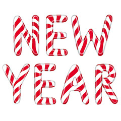 Beautiful inscription "New Year" made of candy canes, isolated on white background