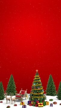 Vertical Christmas background Animation with falling snow, reindeer, sleigh, Christmas's tree and and gifts boxes