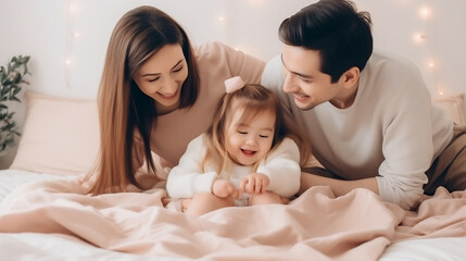 Happy asian family couple playing with cute baby child in bed. Cheerful mom, dad, and daughter relaxing and smiling on the bed