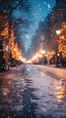 Bokeh background of a winter city street with snow decorated with garlands before Christmas