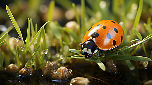 ladybug on grass HD 8K wallpaper Stock Photographic Image