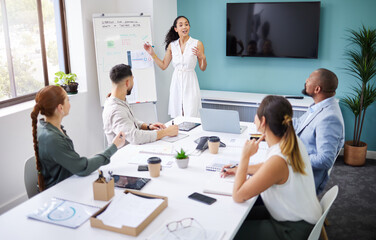 Businesswoman, whiteboard and presentation with discussion in boardroom for strategy. Female leader, mentor and teamwork for brainstorming, collaboration or planning of economical growth for future - obrazy, fototapety, plakaty